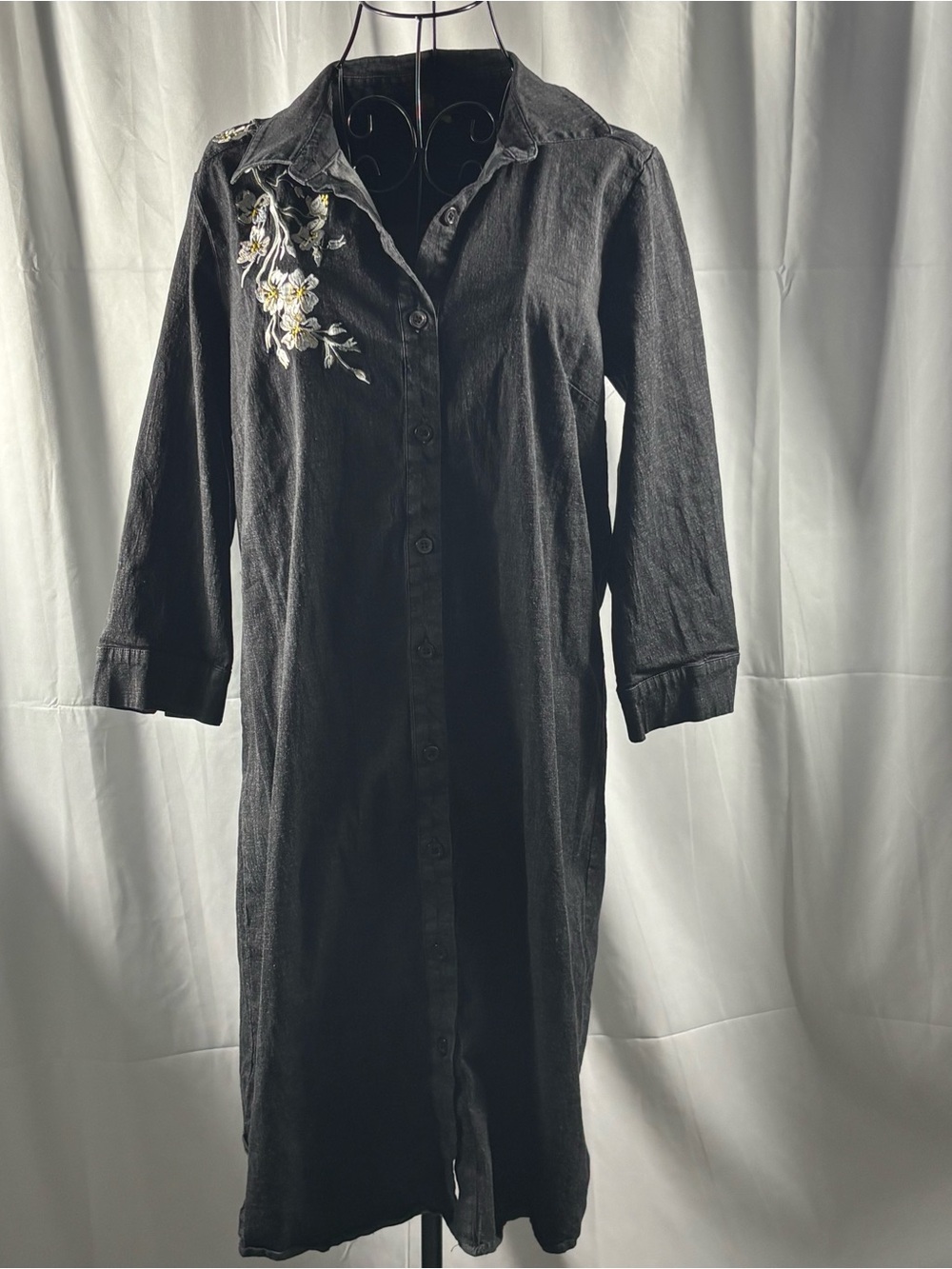 Black Embroidered Denim Button-Front Shirt Dress
